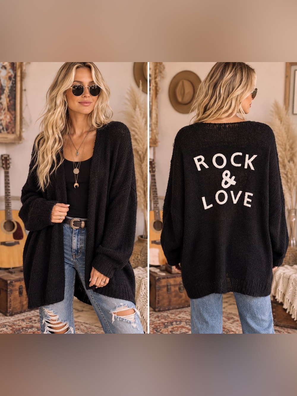 Elan Black Open-Front 'Rock & Love' Cardigan